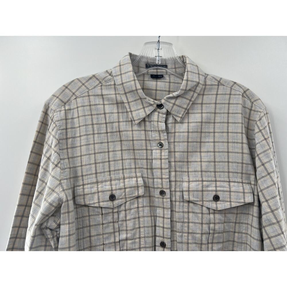 Theory Women's Roll Tab Sleeves Cotton Button Down Size Large Frayed Hem Edge - Picture 9 of 9